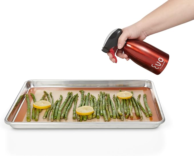 Evo Oil Sprayer Bottle, Non-Aerosol for Olive Oil and Cooking Oils, 18/8 Stainless Steel, Red, 16-ounce Capacity
