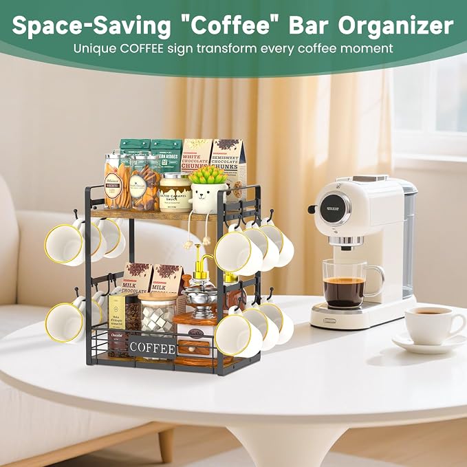 EsLuker.ly Coffee Mug Cup Holder Tree Bar Station Organizer, 2 Tier | Mug Stand Rack for Countertop Kitchen, Storage Tower Display Shelf with 12 Hooks, Coffee Nook Enhancer