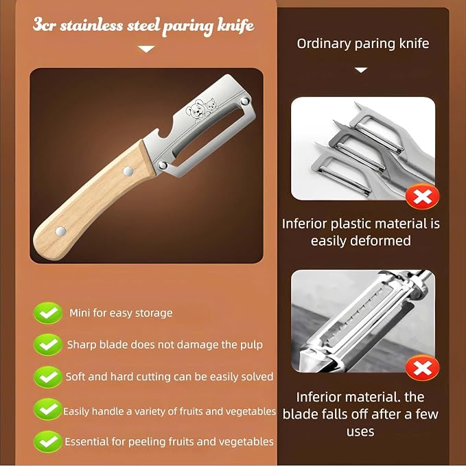 Vegetable Peeler,Stainless Blade,Wooden Handle,Veggie Potato Apple | 2-in-1Multifunctional Peeler,Anti-slip,Zero Snag,Sharp Blade,Built-in Bottle Opener for Fruit Pumpkin Carrot Kitchen Tool