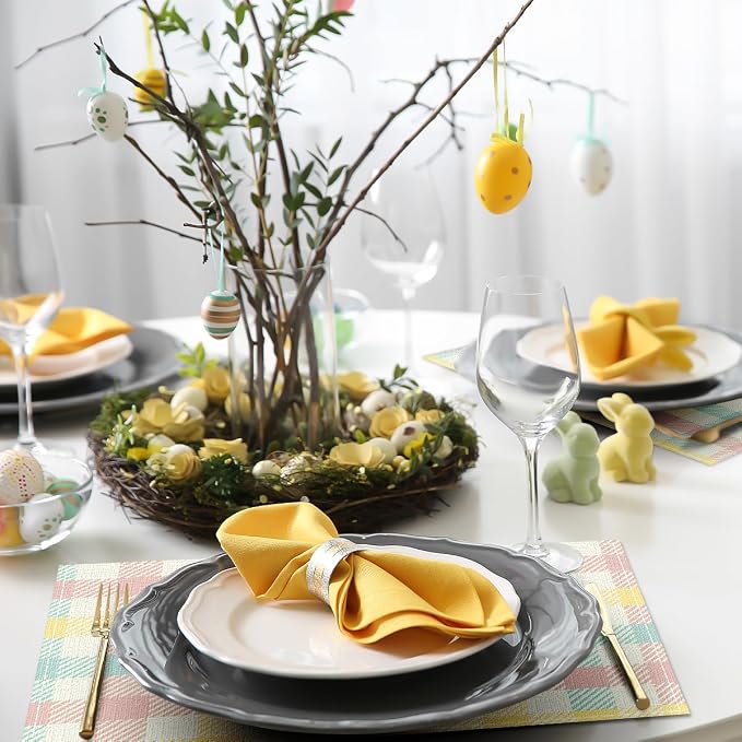 Buffalo Plaid Blue Pink Yellow Spring Easter Placemats Set of 6, 12x18 Inch Table Mats Easter Decor for Holiday Party Kitchen Dining Room Decoration
