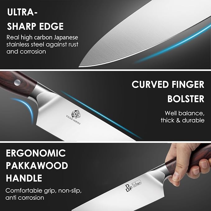 3 Piece Knife Set, High Carbon Stainless Steel and Pakkawood Handles | Japanese Kitchen Knife Set with Ergonomic Full-Tang Wooden Handle, Sharp Chef Knife Set in Gift Box