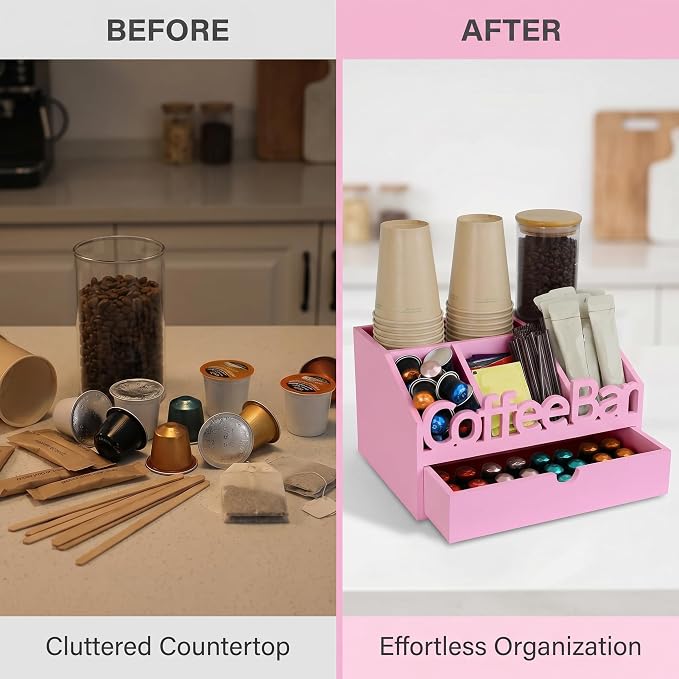 Coffee Bar Organizer Countertop, Wood Coffee Station with Drawer, Pink | K-Cups, Tea Bags, Sugar Packets & Creamers
