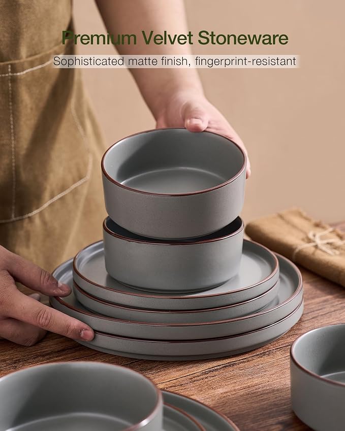 Famiware Nebula Ridge 16-Piece Dinnerware Set with Pasta Bowls, Dark Gray | Stoneware Plates and Bowls for 4, Warm Hand-Painted Rims, Microwave and Dishwasher Safe