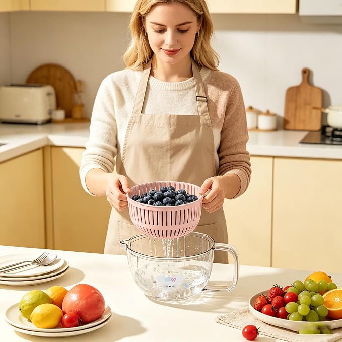 Salad Washer and Spinner with Bowl, Fruit and Vegetable Washer & Dryer, Vegetables Fruits Wash Bowl for Blueberries, Grapes & Cherry Tomatoes, Easy-Clean Kitchen Gadget for Greens (Pink)