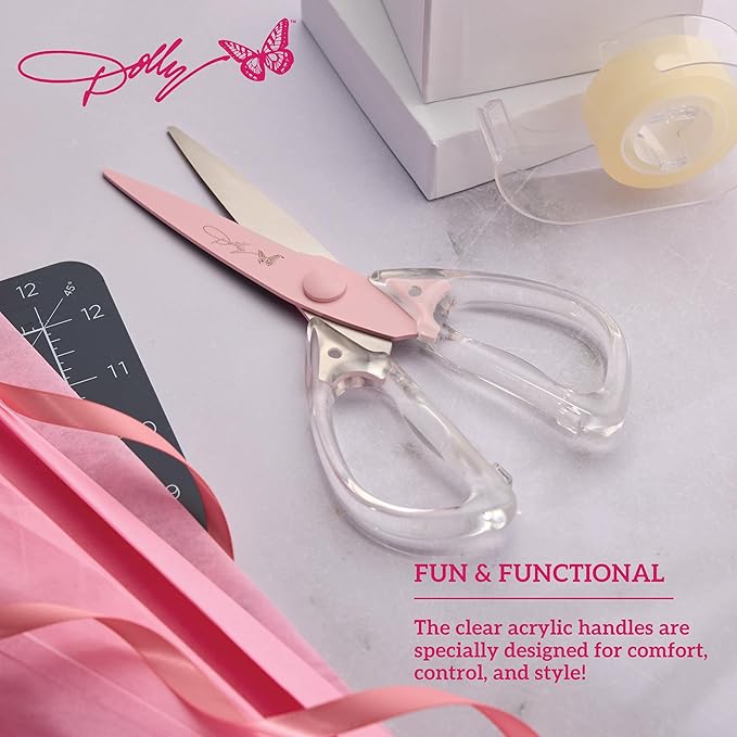 Dolly Parton All-Purpose Kitchen Scissors with Pink Blade and Clear Acrylic Handle - Sharp Stainless Steel Kitchen Shears for Food, Herbs, Parchment and Crafts