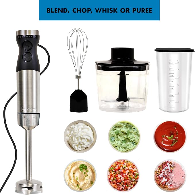 Kenmore Immersion Blender - Handheld Stick Mixer, Electric Hand Blender with Stainless Steel Shaft, Whisk, Variable Speed for Smoothies, Milkshakes, Baby Food, Puree, Batidora de Inmersión