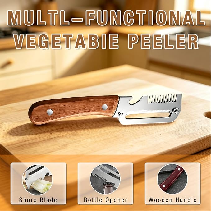 Vegetable Peeler for Kitchen,Multifunctional Vegetable Peeler With Wooden Handle And Bottle Opener,Vegetable Peelers,2-in-1 Stainless Steel Kitchen Tool for Fruit Apple Potato Pumpkin Papaya(3pcs)