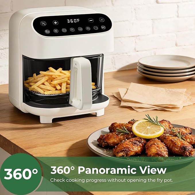 5 QT Glass Air Fryer, Non Toxic Airfryer with Digital Touch Control | 8 Preset Modes, PTFE/PFAS Free, BPA-Free, Uncoated High Borosilicate Glass Basket, Dishwasher Safe, White