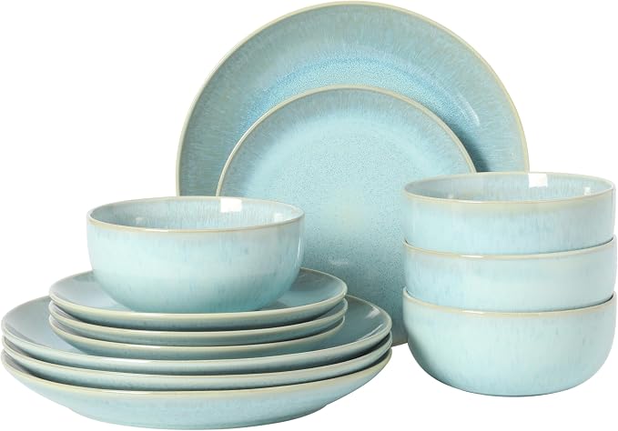 Gibson Elite Pine Coast Plates and Bowls Sets, 12-Piece Stoneware Dinnerware Sets, Reactive Glaze Dish Set - Blue