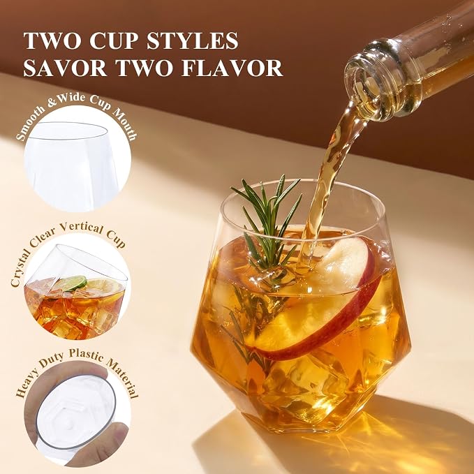 BESTSTAR 24 Pack Clear Plastic Wine Glasses Set,BPA-Free Shatterproof | 12 9 OZ Stemless Champagne Flutes & 12 12OZ Diamond Wine Whiskey Glasses,Clear Drinkware for Weddings, Parties & Events