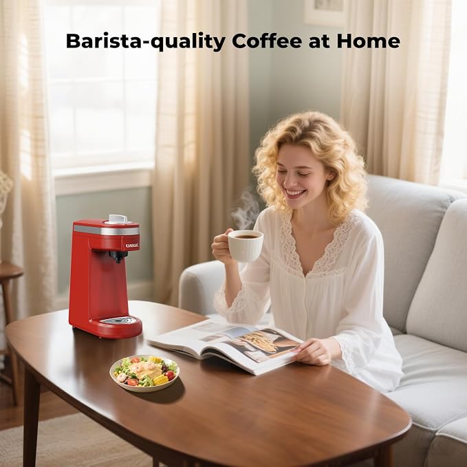 CHULUX Mini Single Cup Coffee Maker for K Pod, Perfect for Small Space, Red | Fast-Heating Boiler System, Single Cup Brewing, Portable Compact Design, Four-Hole Multi-Stream Needle, Adjustable Drip Tray