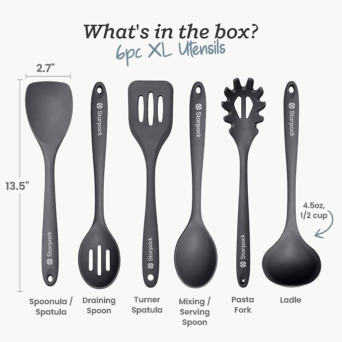 Starpack Like a Boss XL Silicone Cooking Utensils Set (6-Piece, 13.5") - LFGB Certified, 600°F Heat Resistant, BPA-Free - Heavy-Duty Steel Core, Dishwasher Safe - for Nonstick Cookware, Gray Black