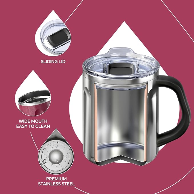 Ideus 16 oz Insulated Coffee Mug with Handle and Lid, Double Wall Stainless Steel Vacuum Thermal Coffee Mug, Travel Coffee Cup Thermal Cup for Home and Office, Burgundy-FUJI FLOW