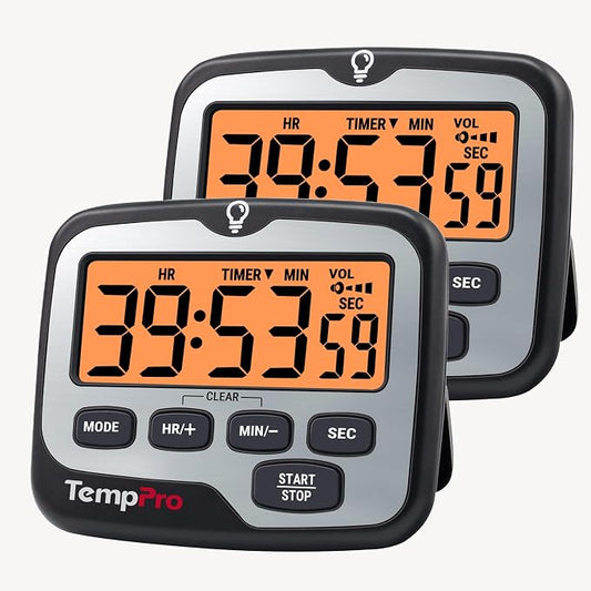 TempPro TM01(2 Pack) 2-in-1 Kitchen Timers for Cooking with Clock Mode | Magnetic Timer with Adjustable Alarm Volume, Digital Timer with Touch Backlight, Kids Timers for Classroom Teacher Supplies