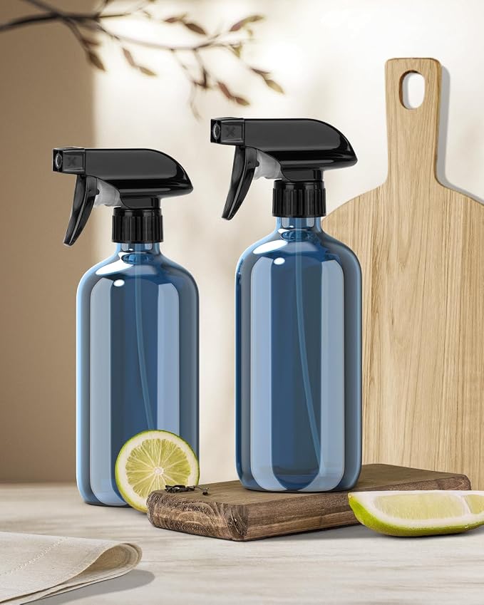 Bontip Glass Spray Bottle 16 oz for Cleaning, Plants (2 Pack, Indigo Blue) | Refillable indigo spray bottle Set, BPA-free eco glass, With labels and funnel, Great for cleaners, plant misting, hair care