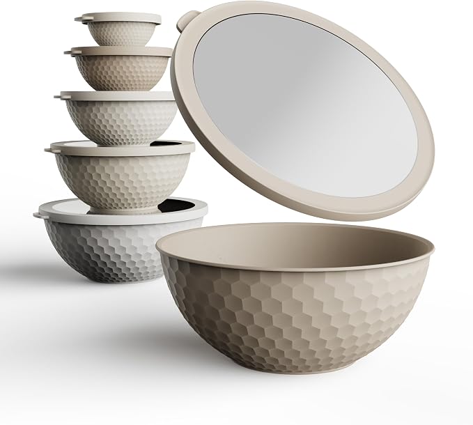 COOK WITH COLOR Mixing Bowls with Lids - 12 Piece Plastic Nesting Bowls Set includes 6 Prep Bowls and 6 Lids, Microwave Safe Mixing Bowl Set, Brown Embossed