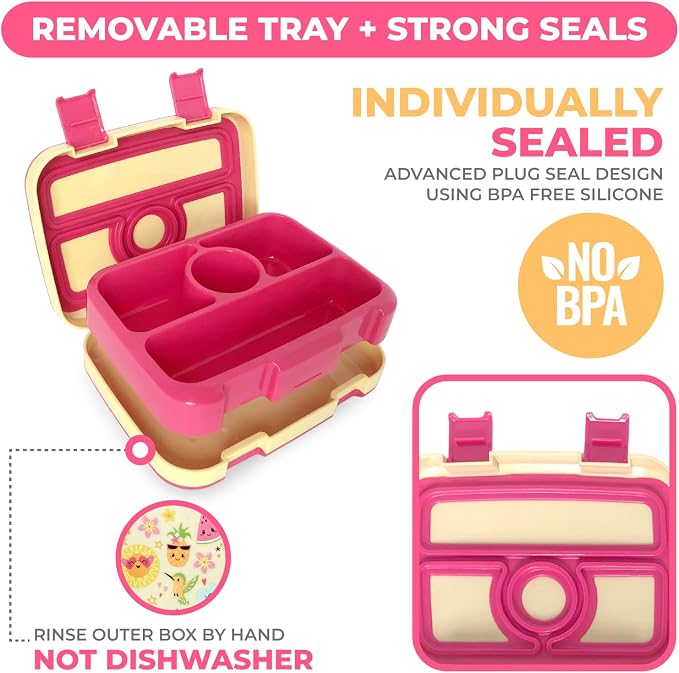 kinsho Kids Bento Lunch Box, Water Bottle, Ice Pack & Bag Set, Summer Set | 5 Leakproof Portion Compartments, BPA-Free Removable Tray, Insulated Meal, Snack Container for Toddlers, Pre-School & Daycare