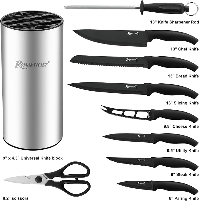 ROMANTICIST Knife Set, 10 Pieces Knife Block Set - Stainless Steel Kitchen Knives with Sharpener and Cheese Knife, Non-Slip Ergonomic Handles, Exquisite Knives Set - Stylish Black