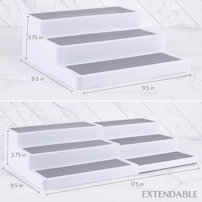 Oizeir Plastic 3-Tier Expandable Spice Rack, Adjustable Length, Stability with Non-Skid Shelf, For Easy Visibility, Organizer for Kitchen Cabinet, Pantry or Countertop, (2-Pack), White/Grey | Expandable Plastic Spice Rack Organizer, Adjustable Length 3...