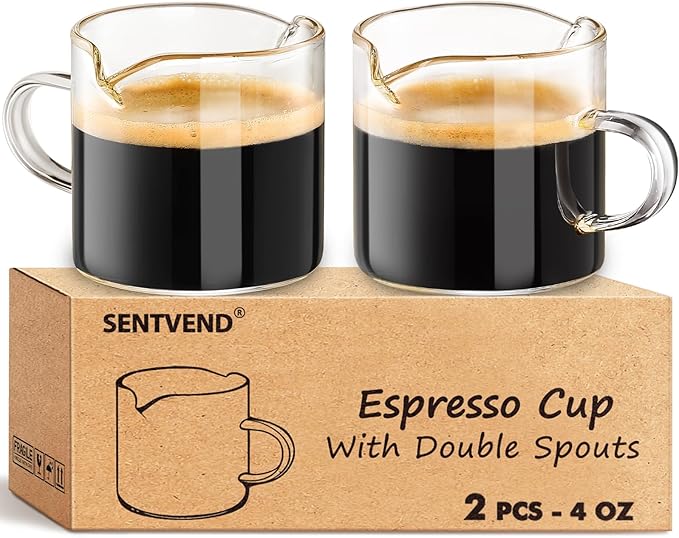 4 Oz Espresso Cups Set of 2 Double Spout with Handle Coffee Bar Accessories | Food-grade clear durable glass, Easy to clean, Smooth pouring, Ideal for coffee, desserts and salad dressing