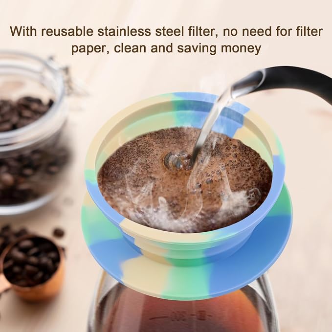 Collapsible Travel Pour Over Coffee Dripper Kit Single Cup, Paperless Camping Pour Over Coffee Maker with Metal Filter, Backpacking Manual Coffee Maker for Camping Coffee