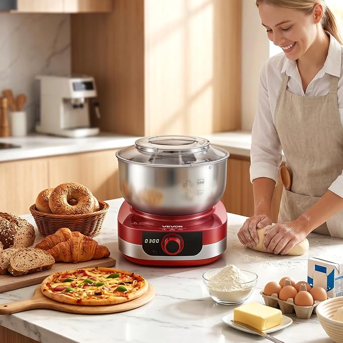VEVOR 5.3 Qt Electric Dough Maker 500W Stand Mixer Removable Lid, Stepless Speed Adjustment Food Kitchen Mixer with Stainless Steel Bowl, Dough Hook, Whisk, Beater, for Pizza Bread Pasta Mochi