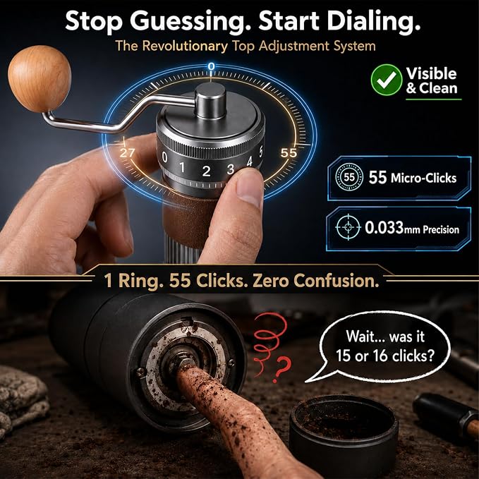 Manual Coffee Grinder, 7-Star CNC Burr, Top Adjustment, Gunmetal