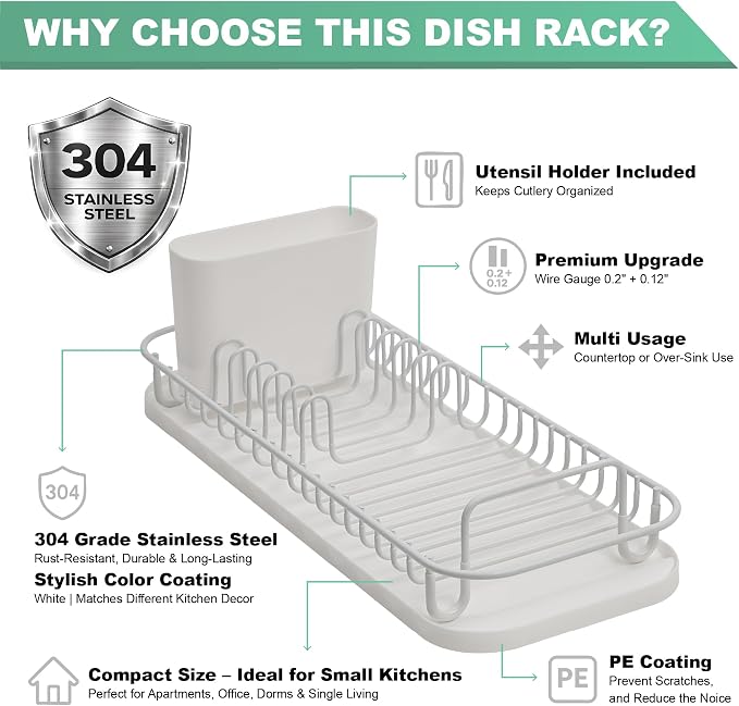 SunnyPoint 304 Stainless Steel NeverRust Compact Dish Drying Rack with Utensil Holder & Removable Drain Tray, Rustproof Small Dish Rack for Kitchen Countertop or Over Sink – White