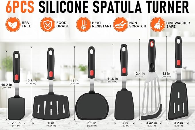 6Pcs Silicone Spatula Turner Set, Heat Resistant Silicone Spatula for Nonstick Cookware, BPA Free Kitchen Cooking Utensils Set, Flexible Spatula Turner for Flipping Eggs, Burger, Fish, Pancake