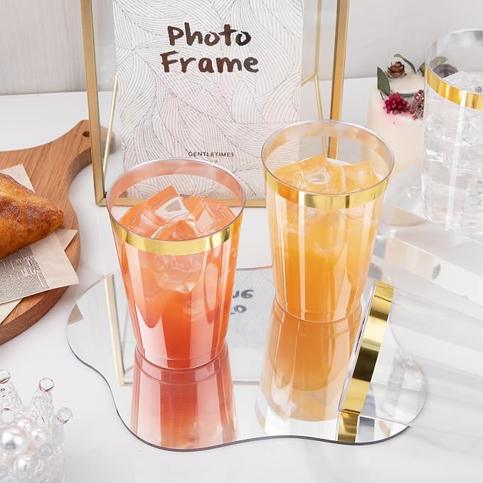IOOOOO 100 Pack 12 oz Gold Plastic Cups, Gold Rimmed Disposable Cups, Disposable Wine Glasses Cocktail Glasses Premium Cup with Golden Rim, 12 Ounce Plastic Tumblers for Party & Wedding