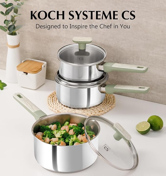 KOCH SYSTEME CS 6 PCS Stainless Steel Sauce Pan Set, 1.5QT & 2QT & 3QT Stainless Steel Pot Set with Lid, Triply Base Sauce Pan Set with Green Bakelite Handle, Induction Compatible Saucepans