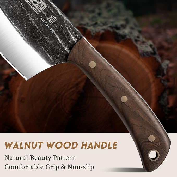 HOSHANHO Butcher Knife Set, 3PCS Knife Set of Bone & Cleaver & Viking Knife | High Carbon Steel Serbian Chef Knife Set of Heavy Duty Chopping Knife for Home, Cooking, Outdoor Camping BBQ