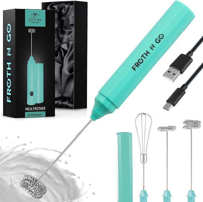 Zulay Froth N Go Milk Frother – Rechargeable 3-in-1 Handheld Frother Wand with Travel Case & USB-C Charger – Single, Double & Egg Whisk for Latte, Cappuccino, Matcha, Protein Shakes - Electric Aqua