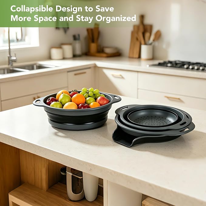 3-Pack Collapsible Colander for Kitchen with Self-Draining Base Foldable Strainers Set Round Silicone Food Drainer for Pasta Fruits and Vegetables (3QT, 4QT and 5QT), Black