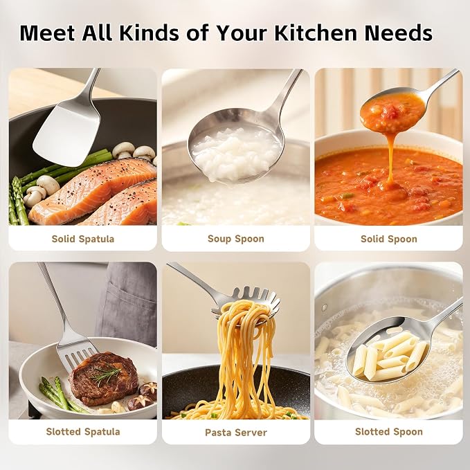 6PCS Stainless Steel Cooking Utensils, Kitchen Metal Spatula Set | Heat Resistant Kitchen Utensils Set, Dishwasher Safe, Home Essentials Kitchen Gadgets Accessories