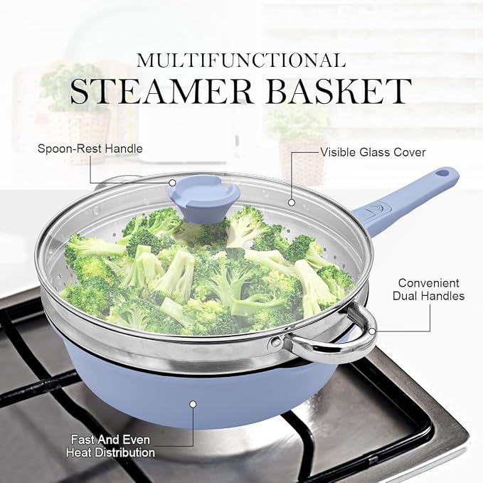 12-Inch Non Stick Deep Frying Pan Skillet with Steamer, 5 QT Saute Pan with Lid, Vegetable Steamer Cookware for Cooking, Detachable Handle,Compatible with All Stoves,Oven Safe,PFOA Free,Blue
