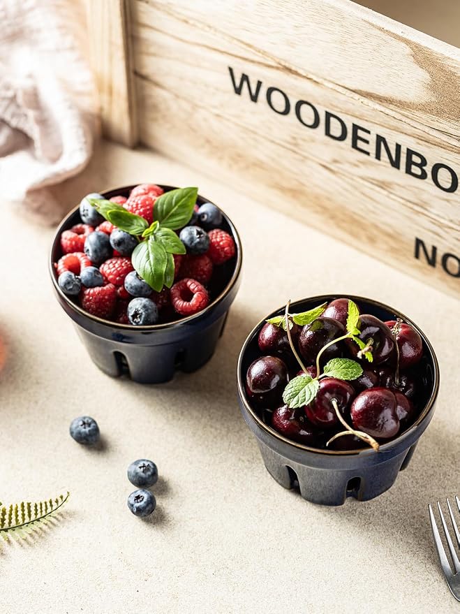 Gomakren Ceramic Berry Bowls with Holes Set of 2 for Fridge, Cobalt Blue | Drain holes keep fruits fresh, stackable, wash & serve, round strawberry basket for fridge kitchen counter, lovely home gift