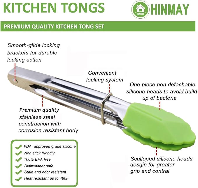 HINMAY 7" Mini Tongs with Silicone Tips, Set of 3 (Green) | 7 Inches Silicone Cooking Tongs
