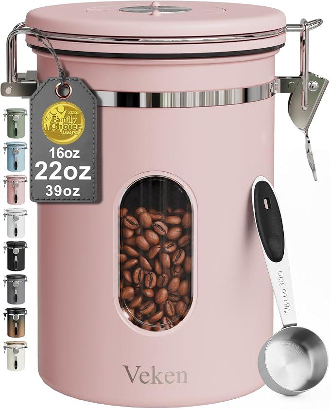 Veken Coffee Canister with Window, Airtight Stainless Steel Container, 22OZ | Date Tracker,Kitchen Food Storage Organizers for Beans, Ground, Espresso, Rice,Tea, Sugar,Cereal, Gifts,Lids,Jars,Scoop, Pink