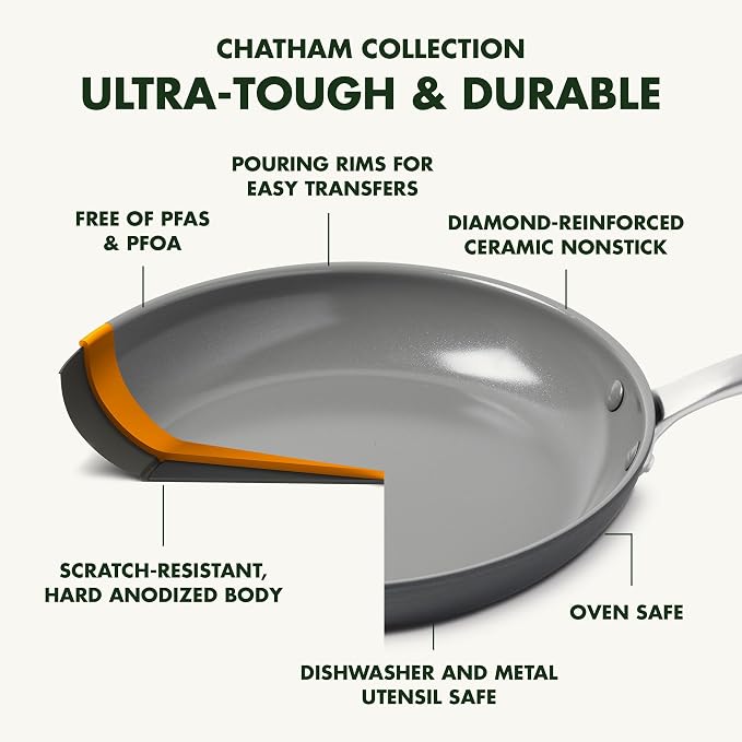GreenPan Chatham Hard Anodized Healthy Ceramic Nonstick, 11" Everyday Frying Pan Skillet with 2 Handles and Lid, PFAS-Free, Dishwasher Safe, Oven Safe, Gray
