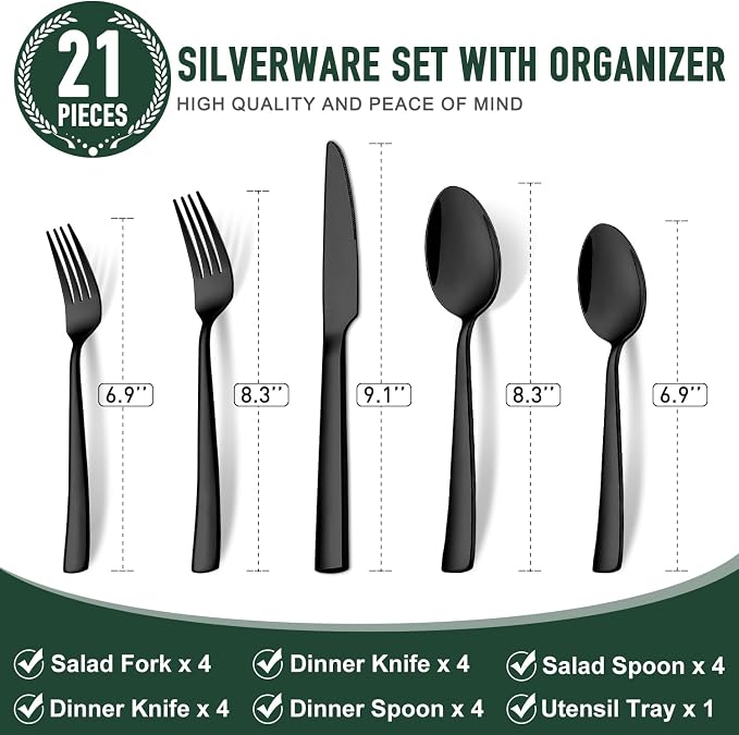 21 Pcs Black Silverware Sets with Organizer Spoon Fork Set Eating Utensils | 18/0 Stainless Steel Kitchen Cutlery Silverware Set Matte Black Dish Flatware Sets for 4 Tableware Forks Spoon and Knives Set