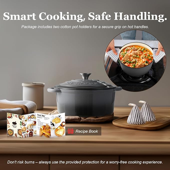 Overmont Enameled Cast Iron Dutch Oven - 4.5QT Pot with Lid Cookbook & Cotton Potholders - Heavy-Duty Cookware for Braising, Stews, Roasting, Sourdough Baking grey