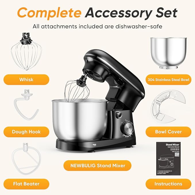 NEWBULIG Stand Mixer 6.3QT, Kitchen Electric Mixers Alternative | 10-Speed Dough Hook, Whisk, Beater & Splash Lid, Multi-Cover for Baking, Cakes and Home Cooking Needs