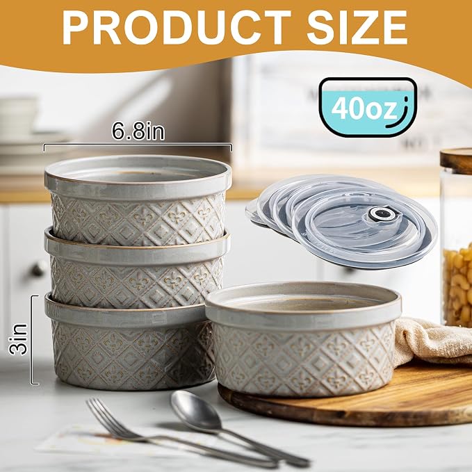 Large Ceramic Mixing Bowls with Lids Set of 4, 40 oz Salad Bowls for Kitchen Food Storage, Airtight Serving Bowls for Meal Prep, Cereal, Leftovers, Office Lunch, and Camping, Grey