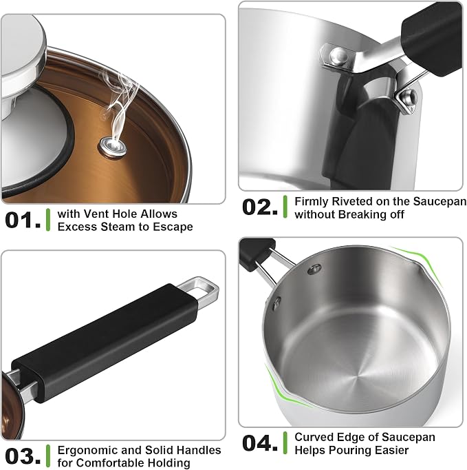 TeamFar 1 Quart Saucepan, Stainless Steel Tri-Ply Small Sauce Milk Pan | with Heatproof Handle for Cooking/Boiling/Simmering, For Induction/Gas/Electric, Healthy & Heavy Duty, Dishwasher Safe