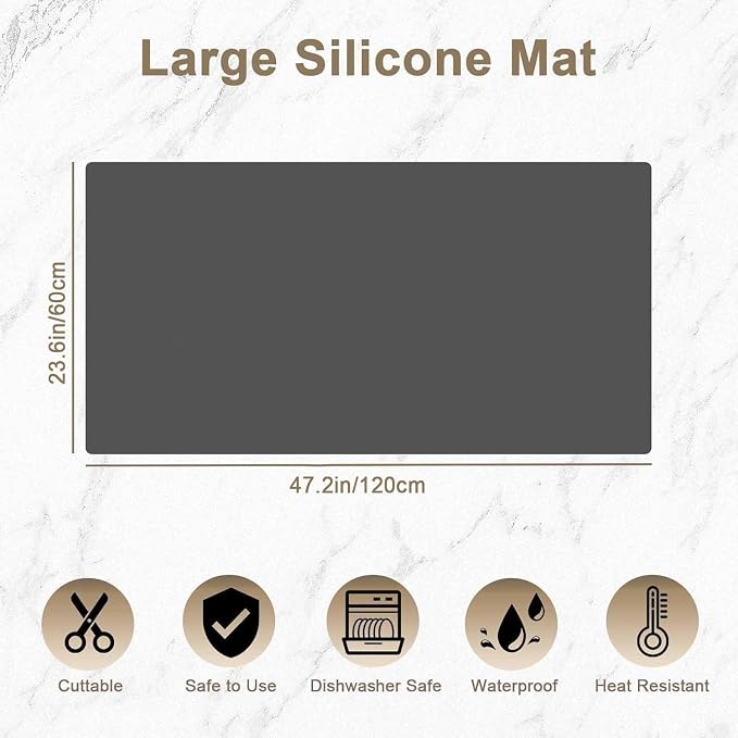 47.2"x23.6"(120cmx60cm) Large Silicone Mat for Kitchen Counter, Non-Slip Heat Resistant Countertop Protector, Waterproof Multipurpose Mat for Kitchen Island, Black