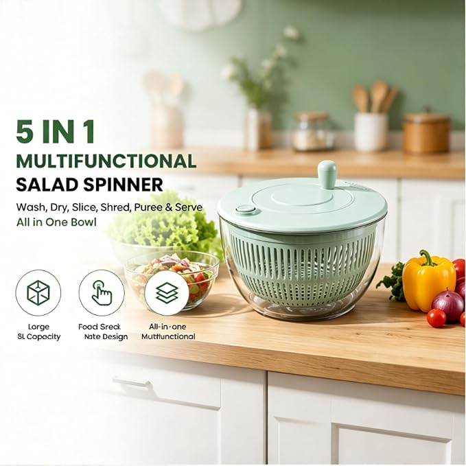 5L 3 in 1 Salad Spinner & Slicer,Multifunctional Salad Spinner with Mandoline Slicer,5-in-1 Manual SaladSpinner & Vegetable Prep Bowl,5 in 1 LettuceSpinner Dryer with 5 Blades Slicing,for Kitchen (B)