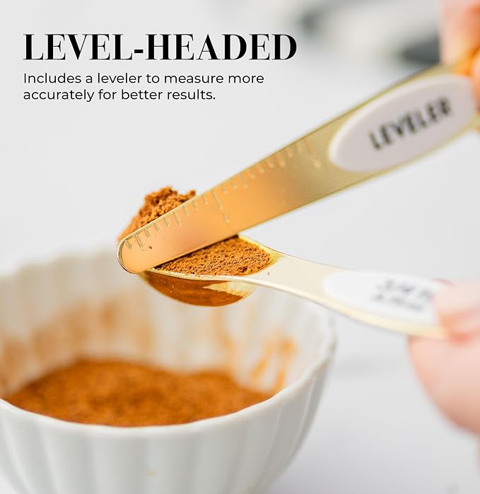 Styled Settings White and Gold Magnetic Measuring Spoons, 8-Piece | Stainless Steel Double Sided Measuring Spoons for Cooking and Baking - White and Gold Kitchen Accessories, Ideal for Gifting