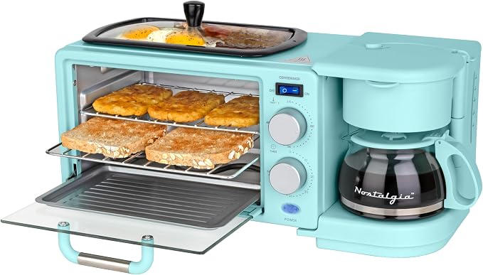 Nostalgia 3-in-1 Retro Breakfast Station - Includes 5 (4 Oz) Cup Coffee Maker, Non-Stick Ceramic Griddle, and 4-Slice Toaster Oven - Built-In Timer, Reusable Coffee Filter, Space-Saving Design - Aqua