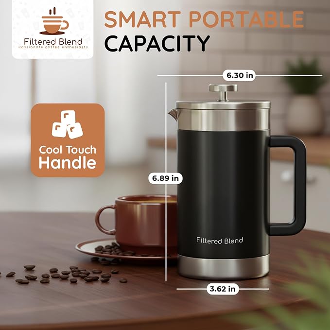 54 oz French Press Coffee Maker, Stainless Steel, Double Filter, Black | 54 oz Capacity, French Press Coffee Maker, Stainless Steel, Double Mesh Filter, Hot & Cold Brewer, Travel Friendly, Black